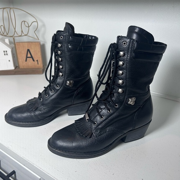 Double H Shoes - Double H Black Leather Kiltie Lace-Up Western Boots Women's 9.5 Moto Cowboy